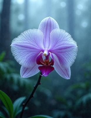 The primary subject of the image is a purple orchid flower with white petals, sitting in a forest setting. The flower is the focal point of the image, and it appears to be the main object in the scene. The visual style of the image is a photo, capturing the beauty of the orchid in its natural environment. The colors and mood of the image are predominantly purple and white, creating a serene and peaceful atmosphere.